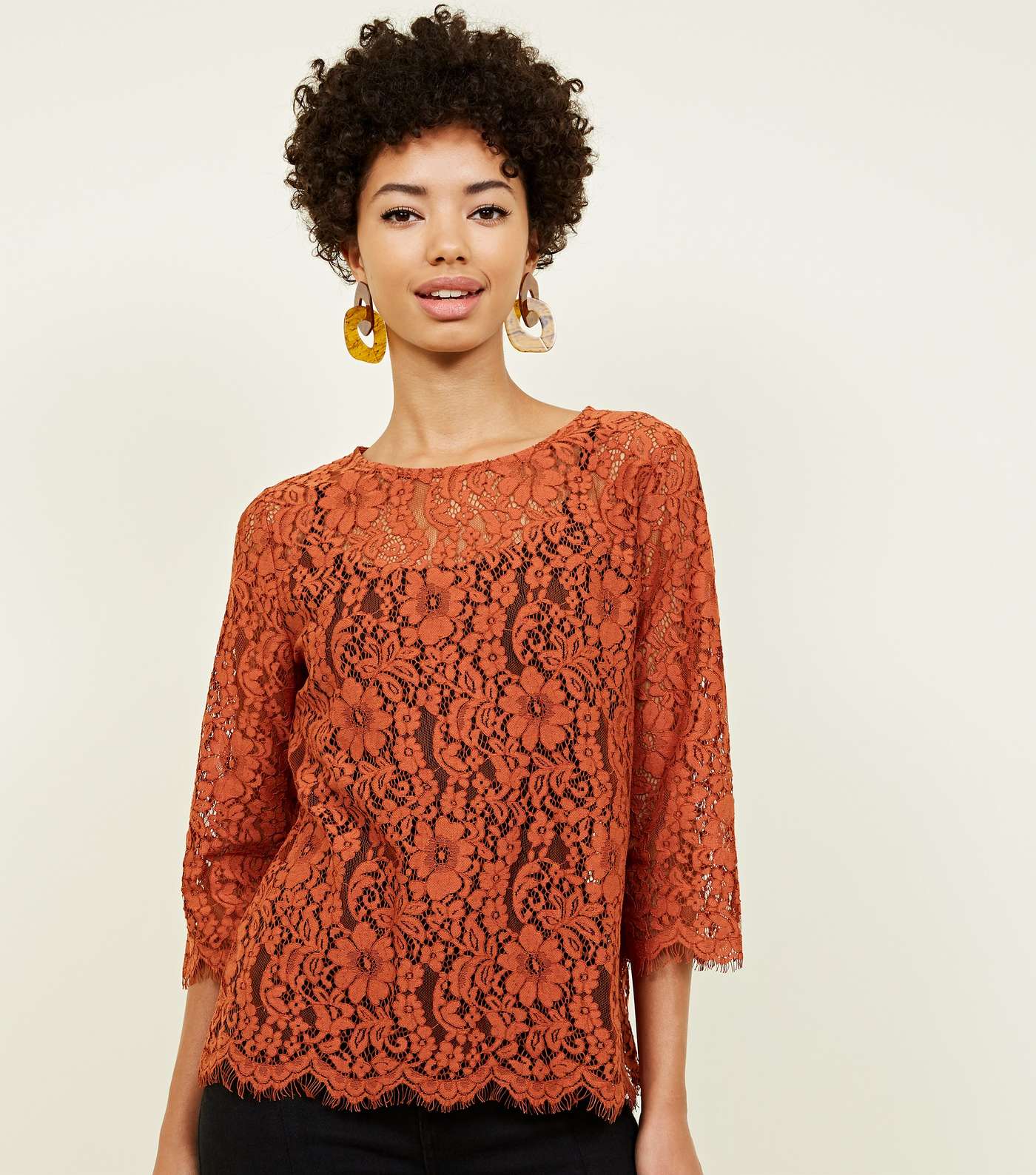 Rust Lace 3/4 Sleeve Zip Back Top