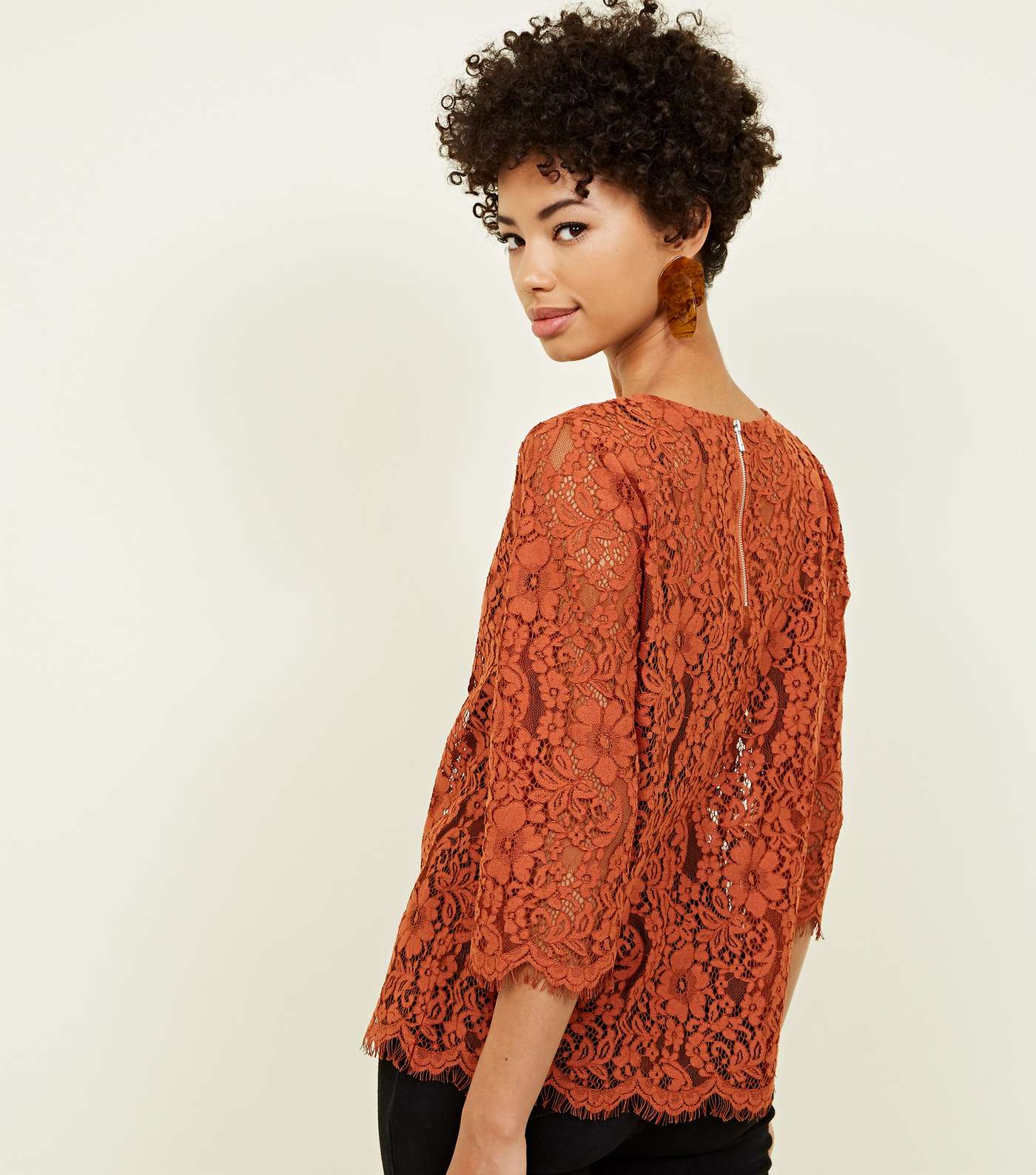 Rust Lace 3/4 Sleeve Zip Back Top Image 3
