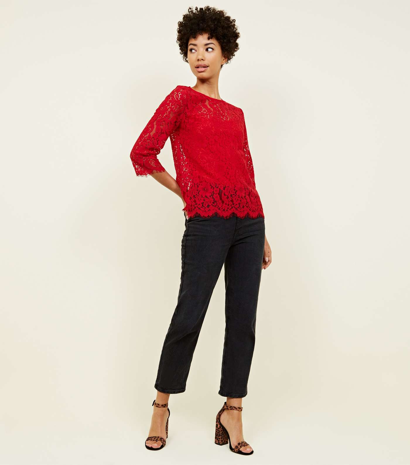 Red Lace 3/4 Sleeve Zip Back Top Image 2