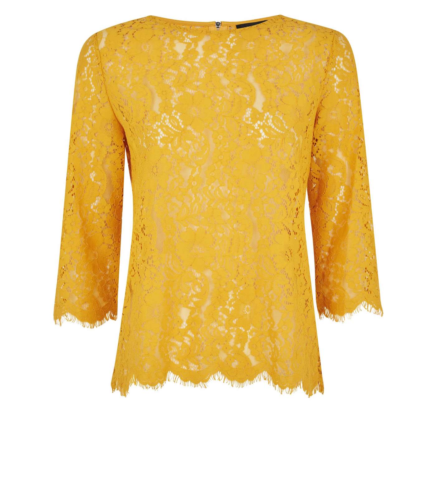 Mustard Lace 3/4 Sleeve Zip Back Top Image 4