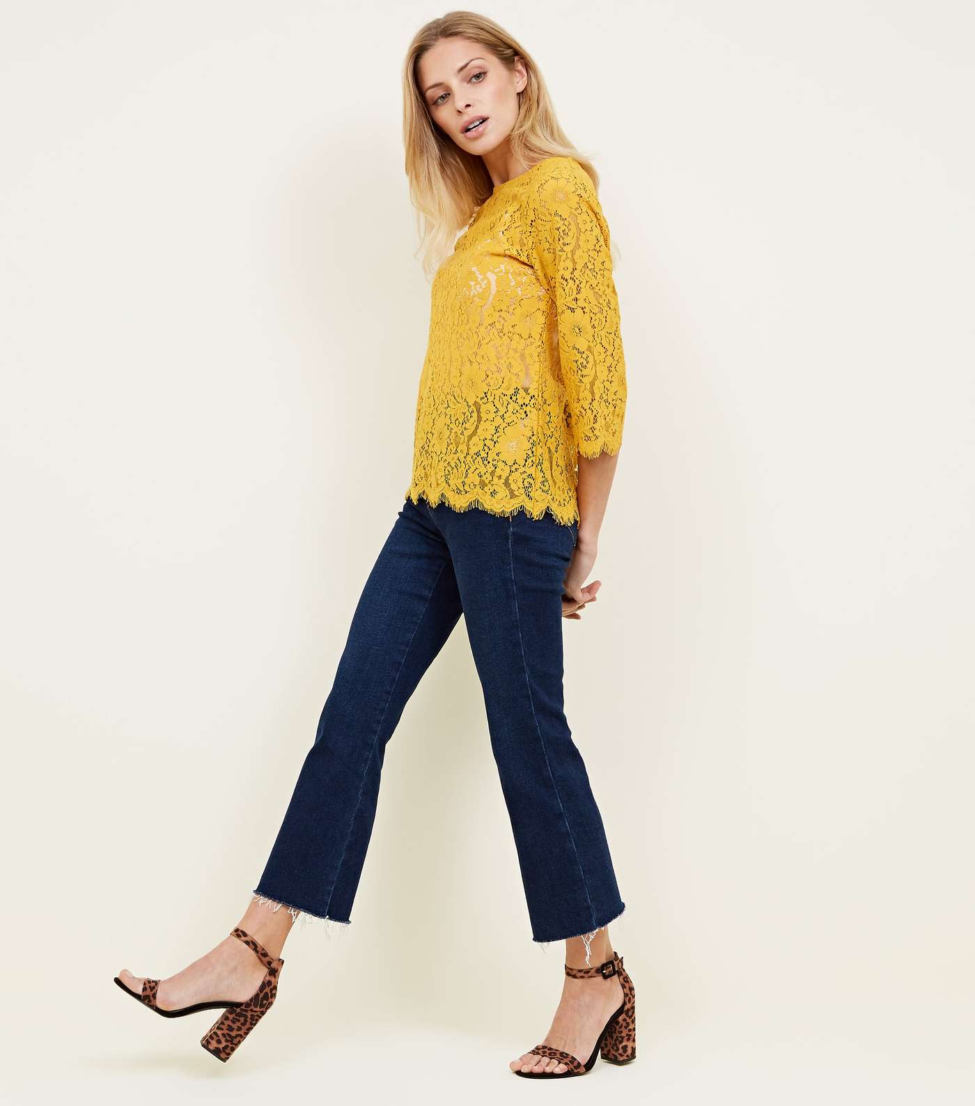 Mustard Lace 3/4 Sleeve Zip Back Top Image 2