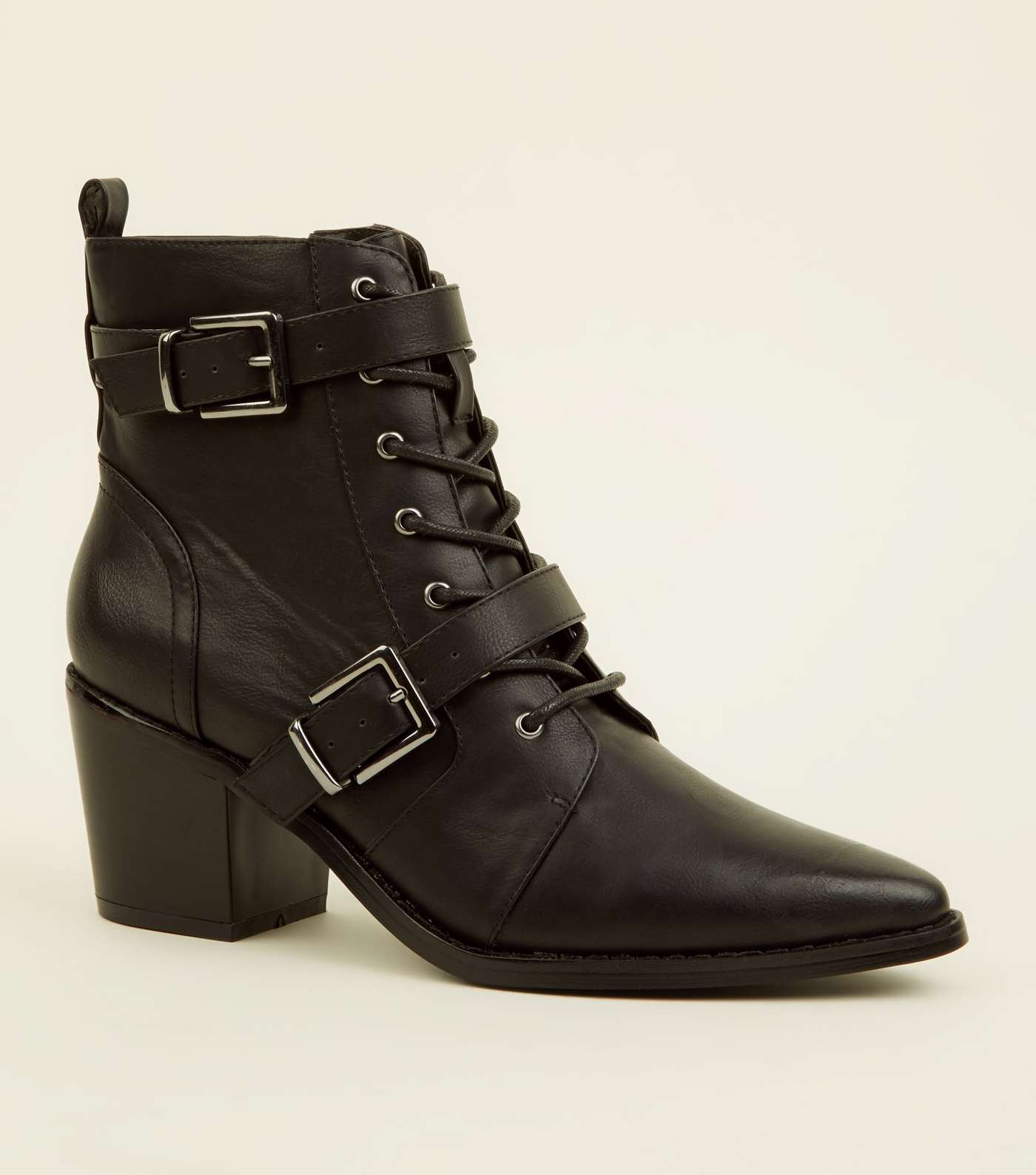 Black Lace Up Buckle Strap Western Boots