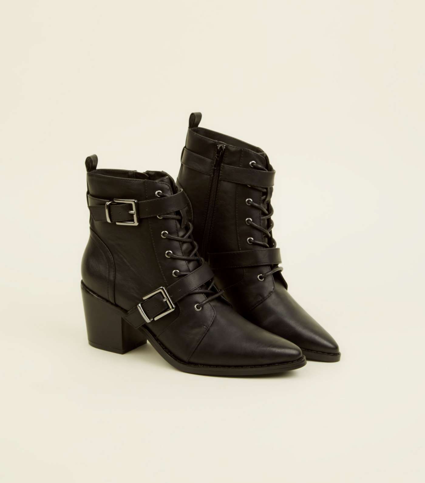 Black Lace Up Buckle Strap Western Boots Image 3