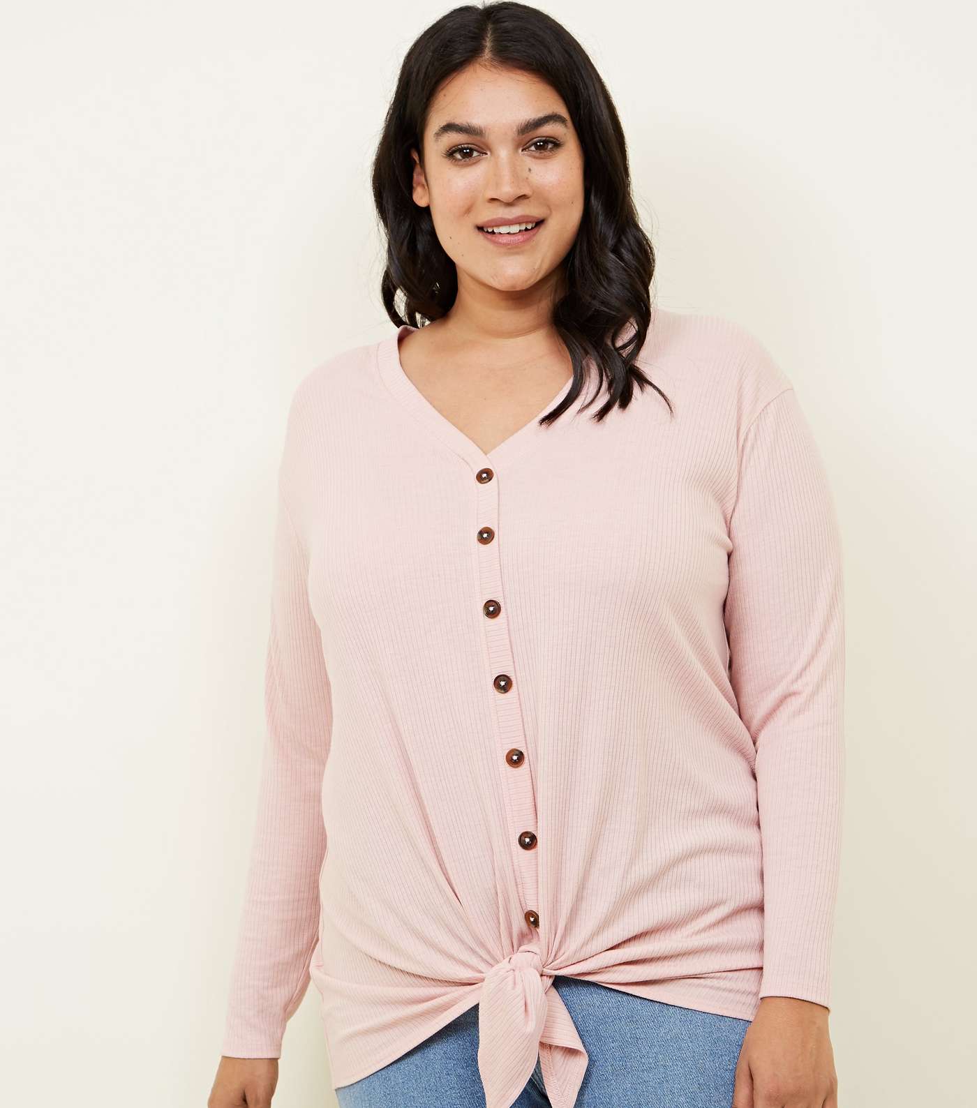 Curves Pale Pink Button Tie Front Top