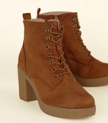 Wide Fit Tan Borg Lined Lace Up Boots New Look