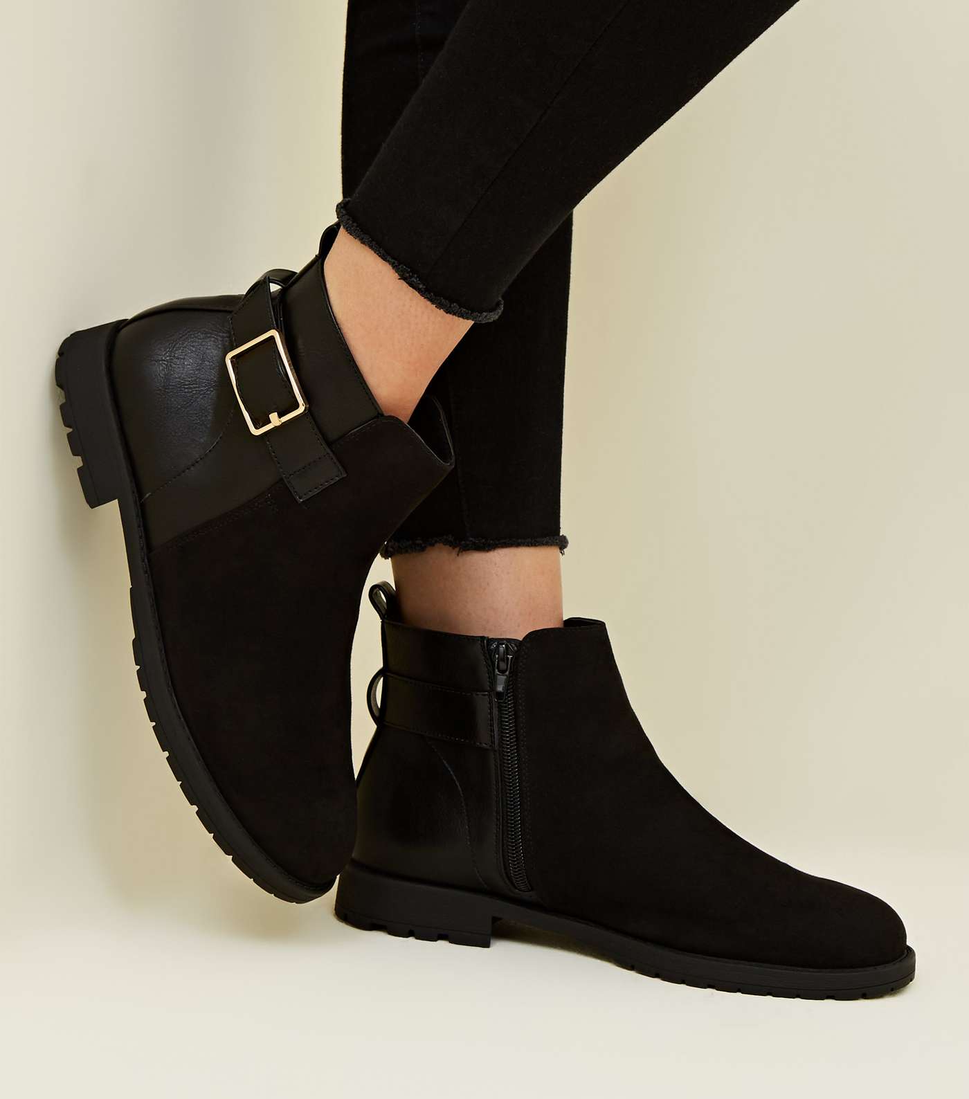 Wide Fit Black Buckle Side Flat Ankle Boots Image 2