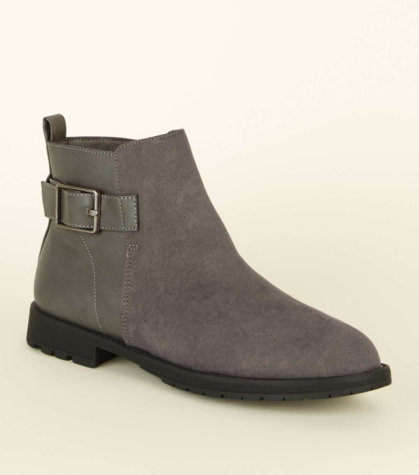 Wide Fit Grey Buckle Side Flat Ankle Boots