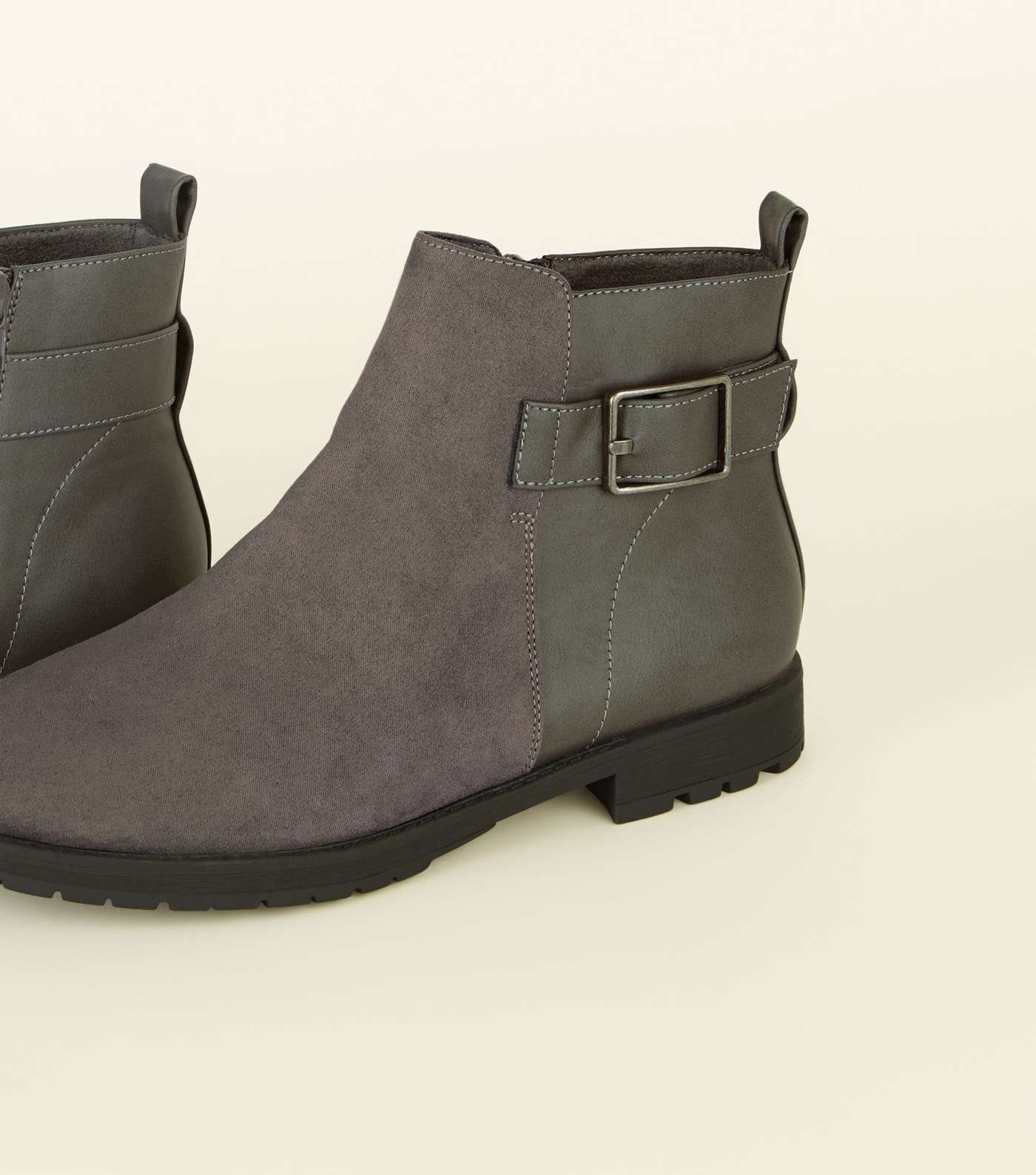 Wide Fit Grey Buckle Side Flat Ankle Boots Image 3