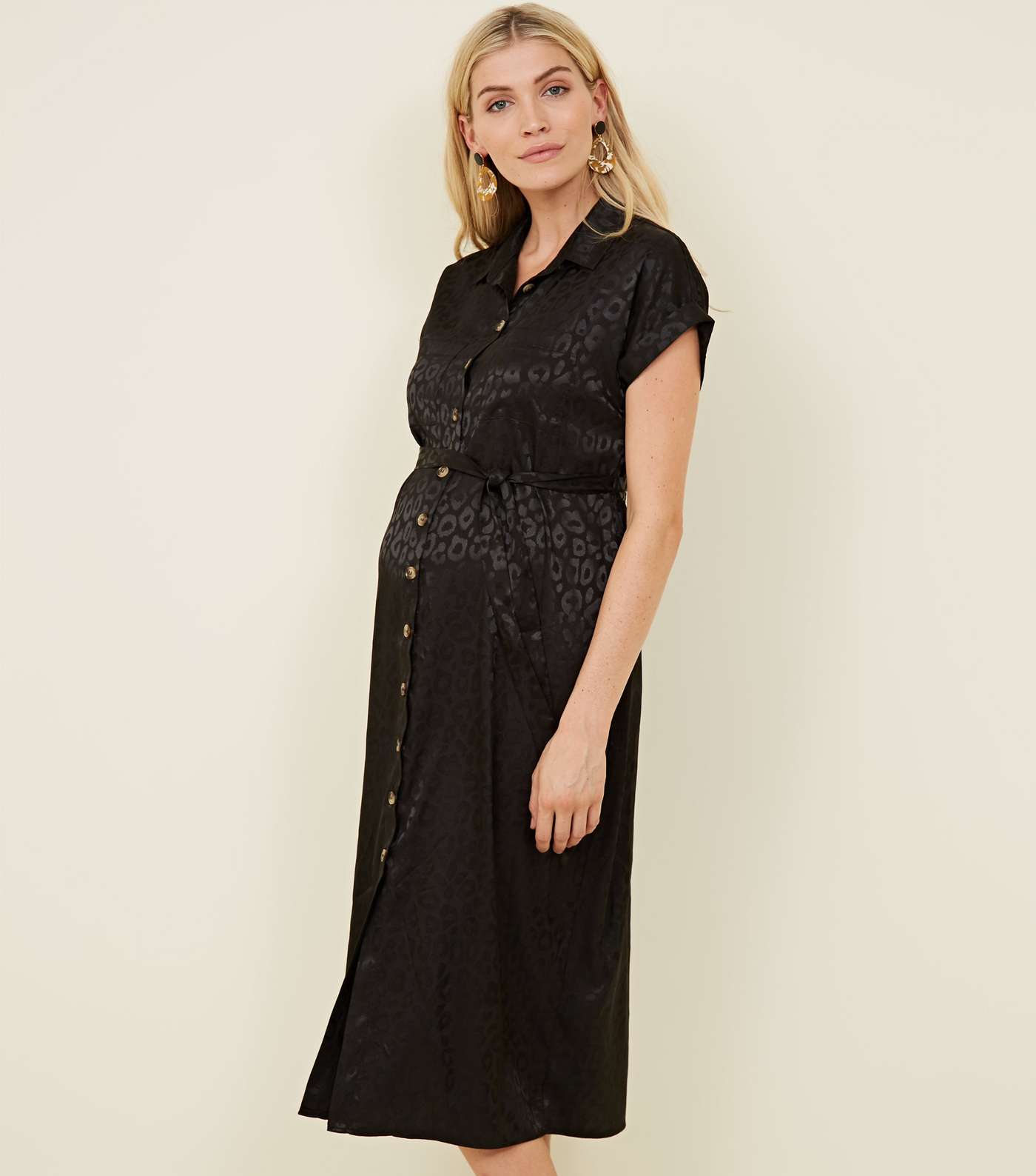 Maternity Black Leopard Print Jacquard Midi Shirt Dress 