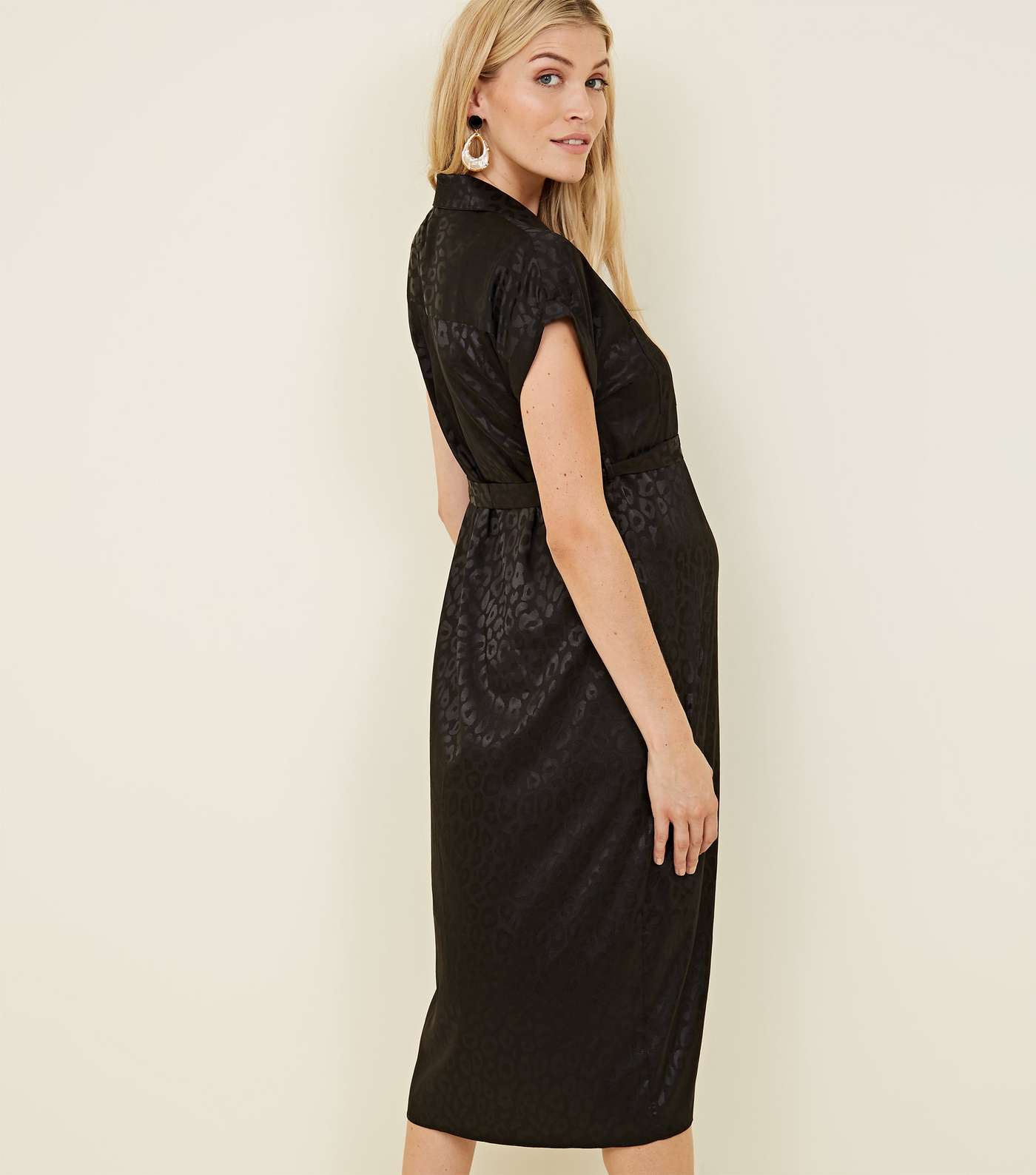 Maternity Black Leopard Print Jacquard Midi Shirt Dress  Image 3