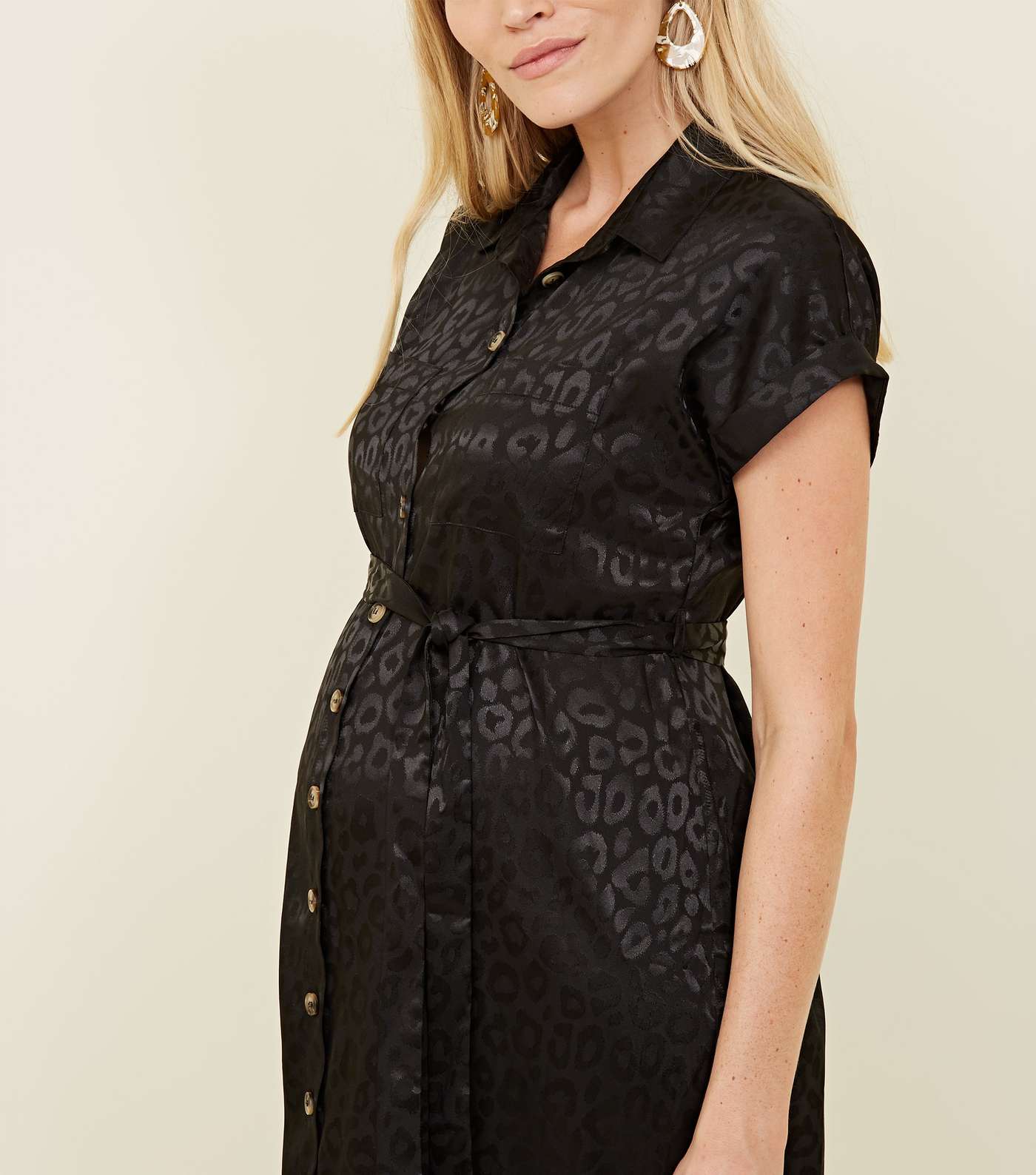 Maternity Black Leopard Print Jacquard Midi Shirt Dress  Image 5