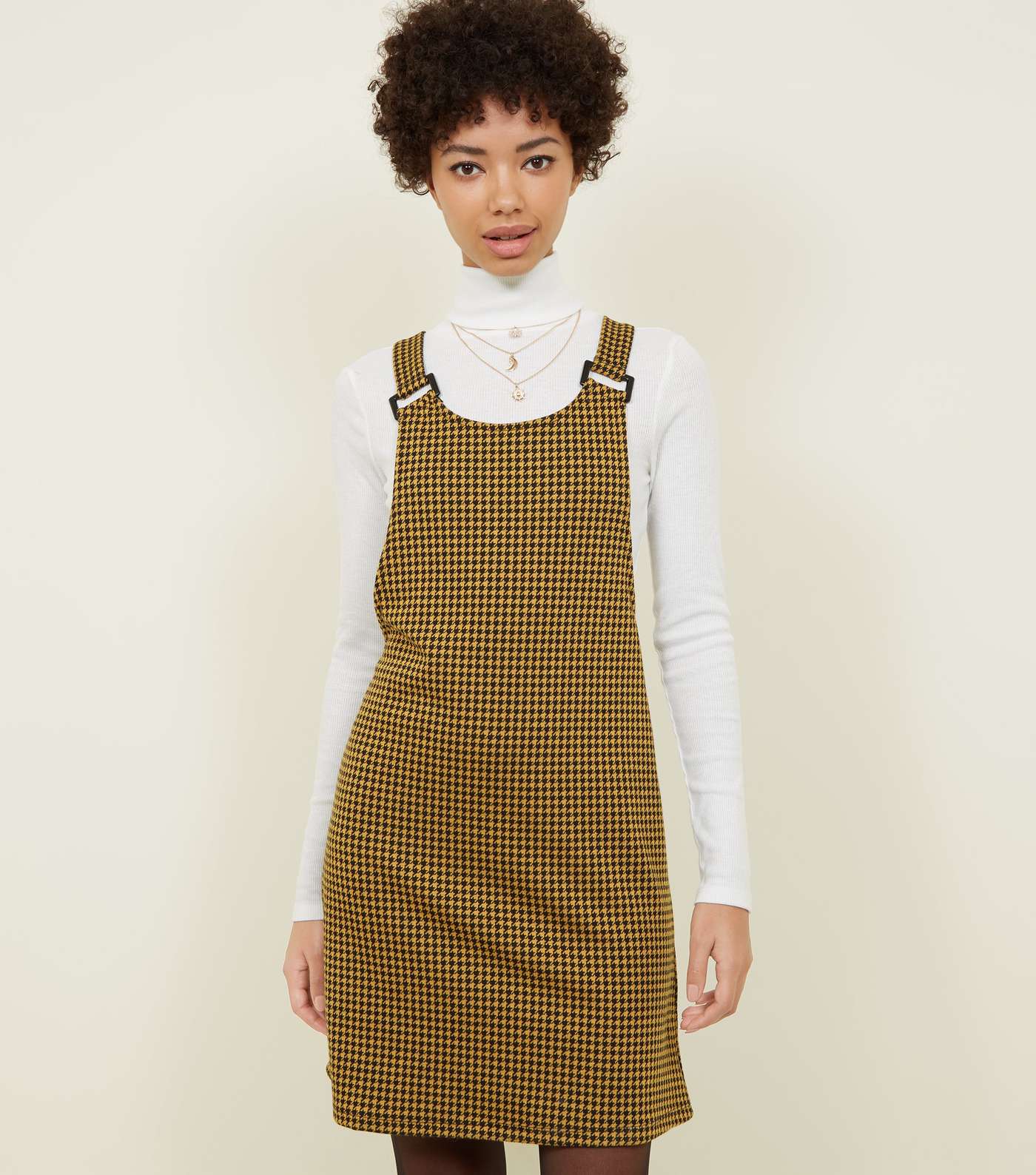 Mustard Houndstooth Check Jersey Pinafore Dress