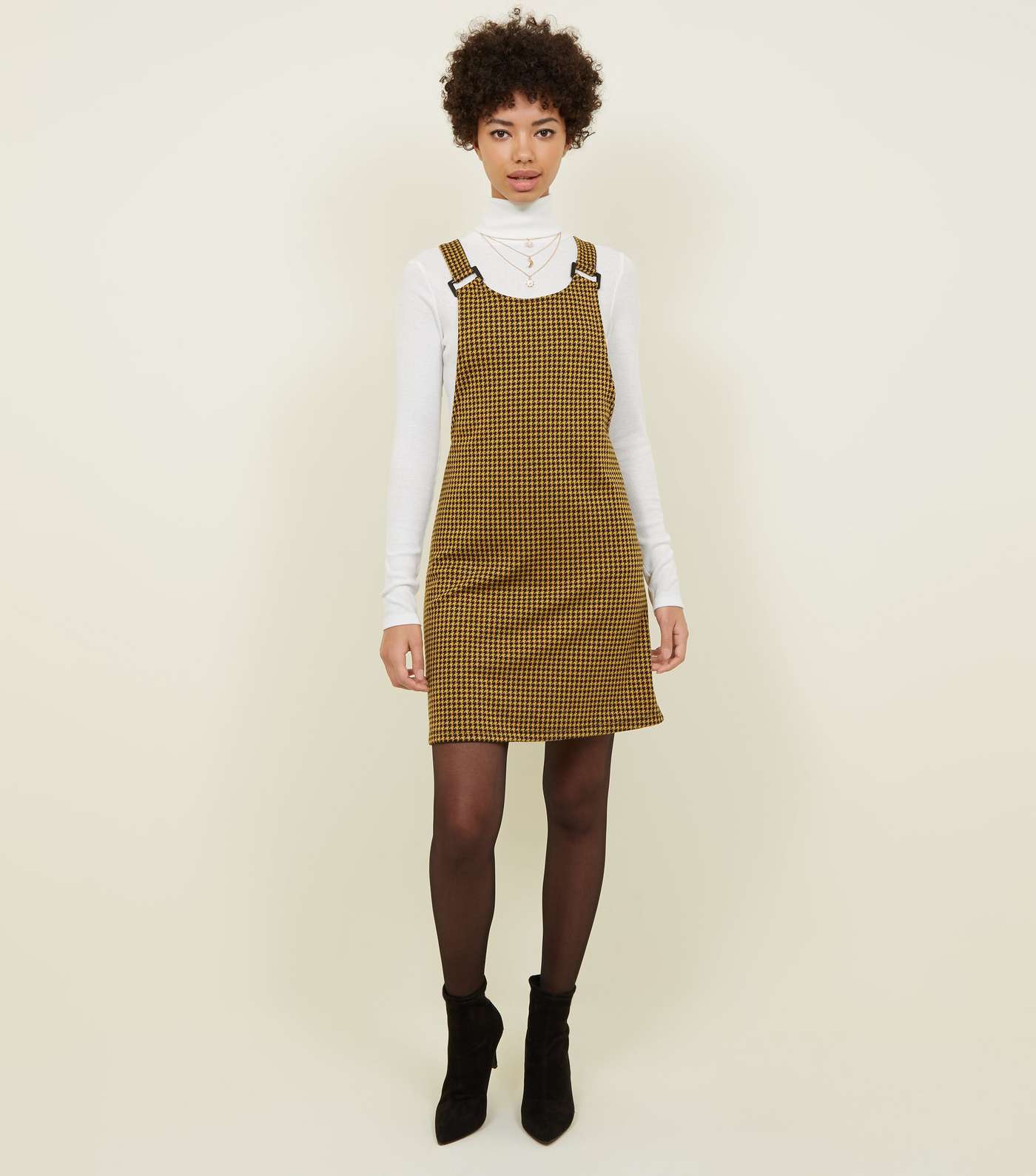 Mustard Houndstooth Check Jersey Pinafore Dress Image 3