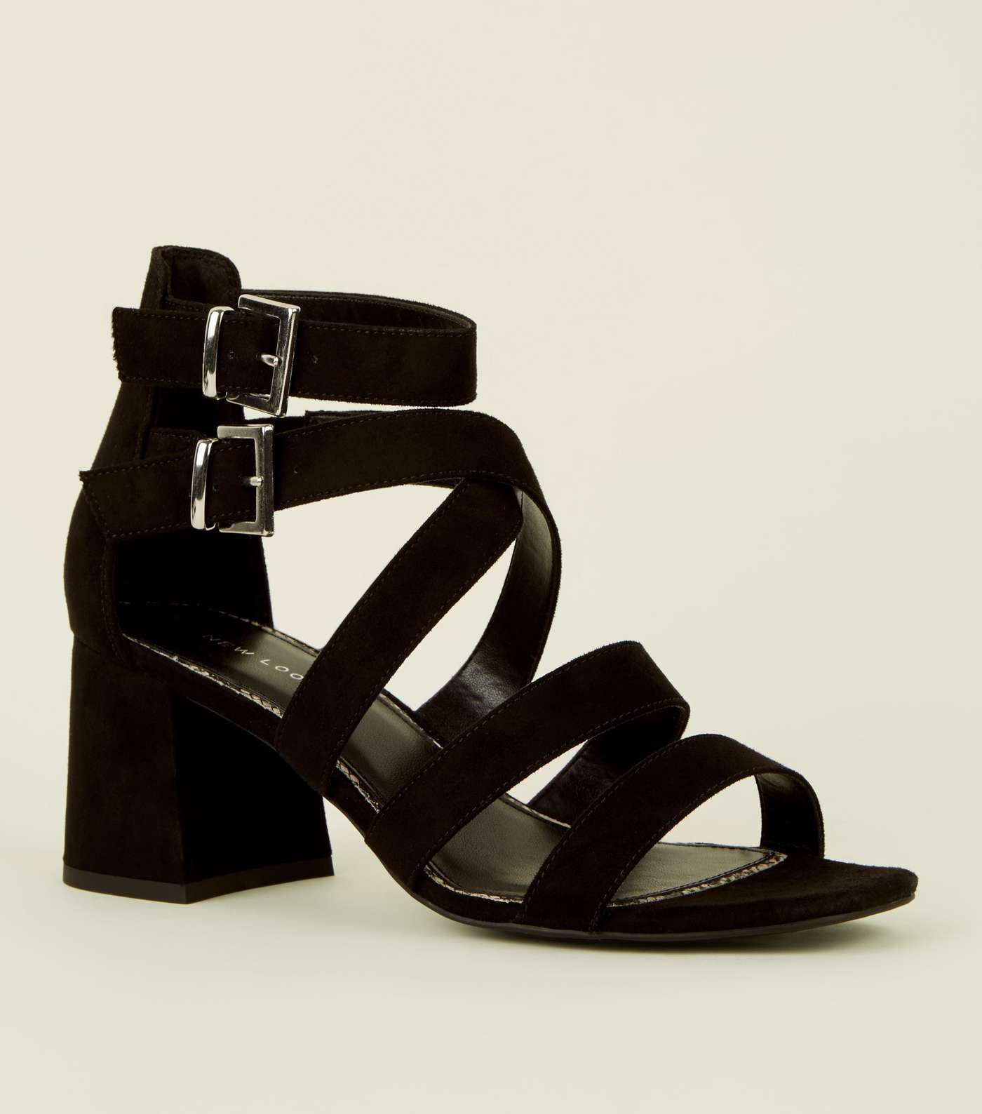 Black Faux Snake Lined Strappy Mid Heel Sandals