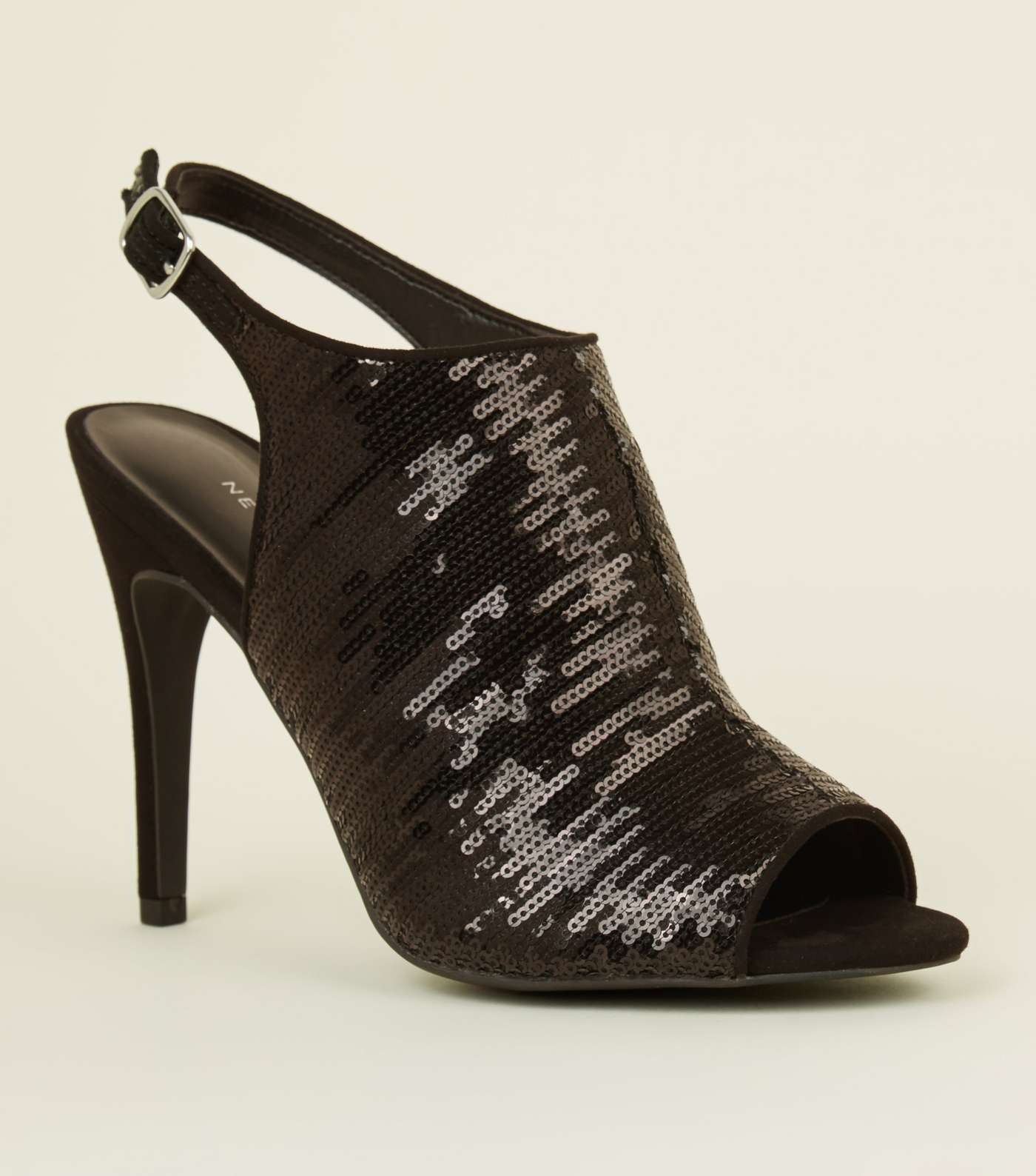 Black Sequin Embellished Peep Toe Stilettos