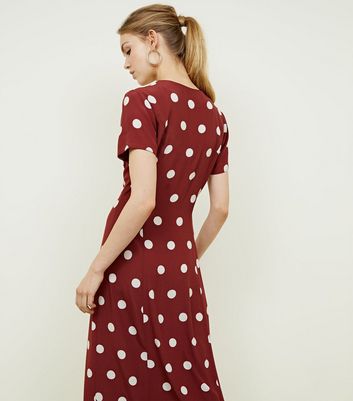 rust spot print satin frill midi tea dress