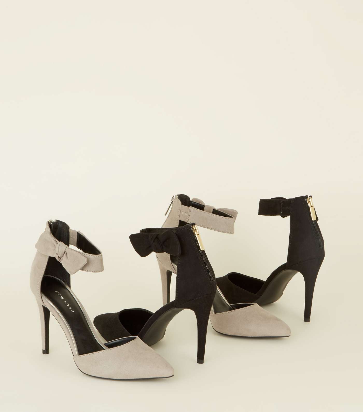 Grey Suedette Bow Ankle Strap Stilettos  Image 4