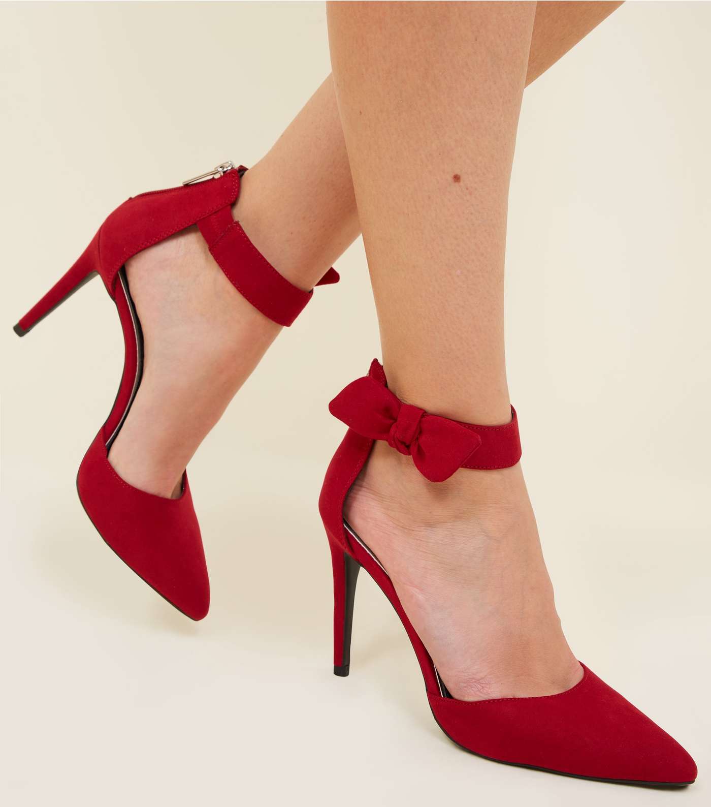 Red Suedette Bow Ankle Strap Stilettos Image 2