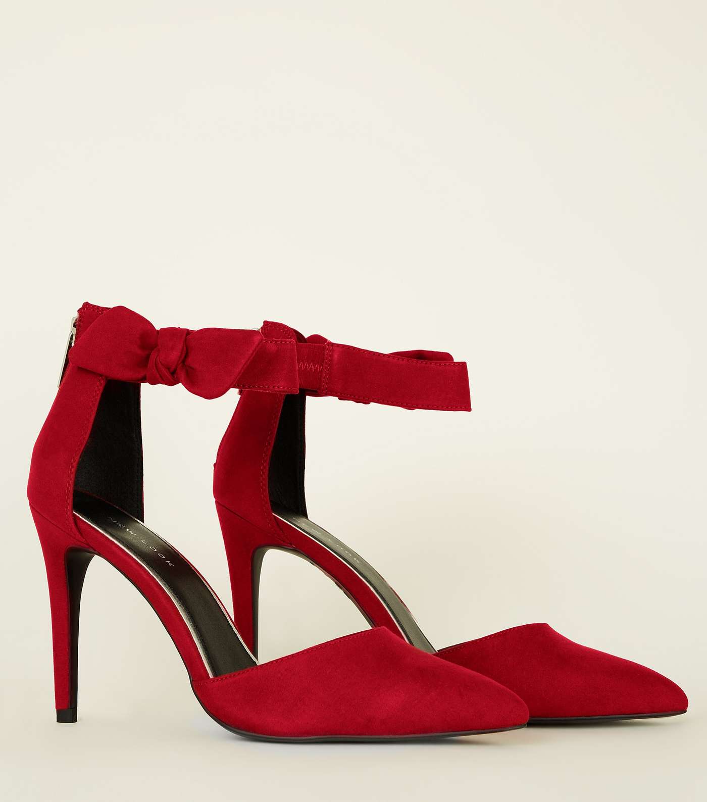 Red Suedette Bow Ankle Strap Stilettos Image 4