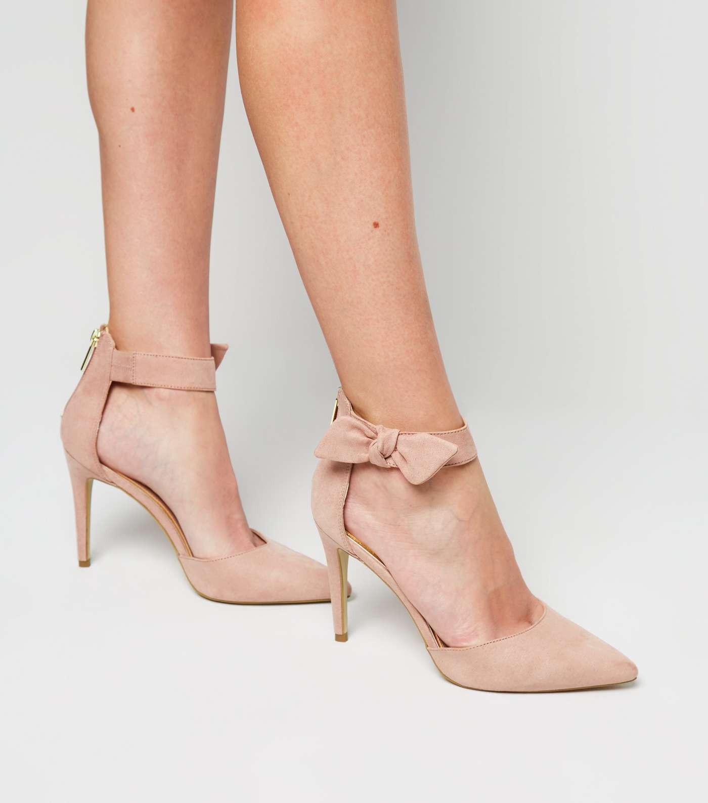 Pink Suedette Bow Ankle Strap Stilettos Image 2