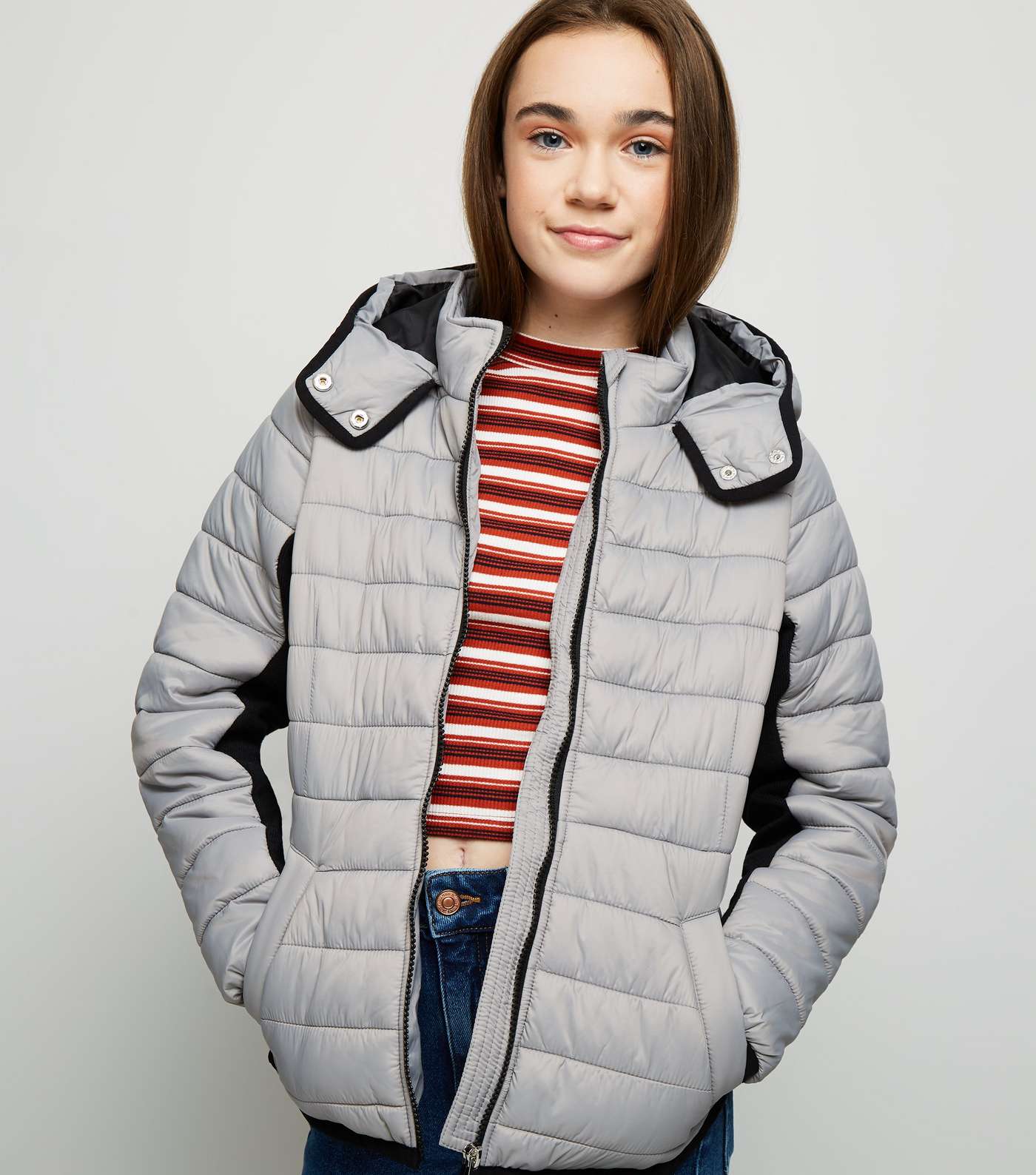 Girls Grey Piped Contrast Puffer Jacket 