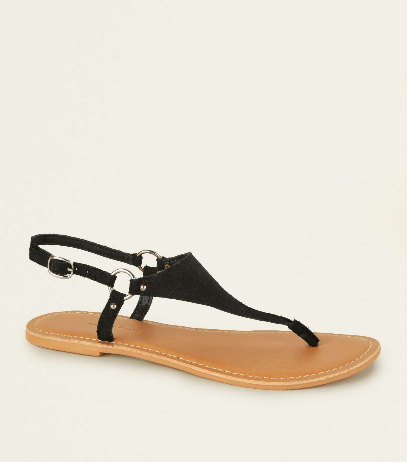 Wide Fit Black Suede Flat Sandals 