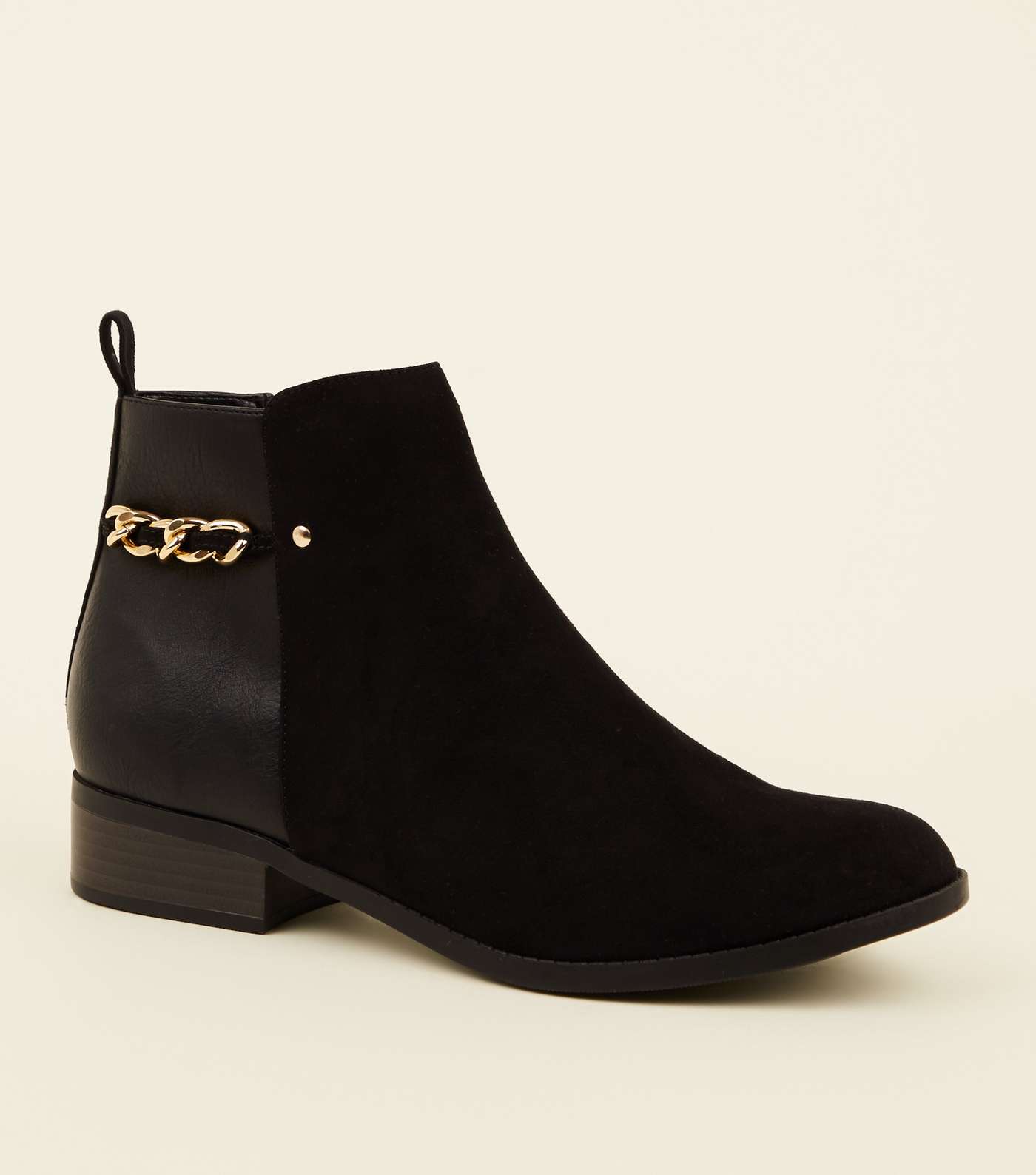Black Suedette Panel Chain Back Ankle Boots