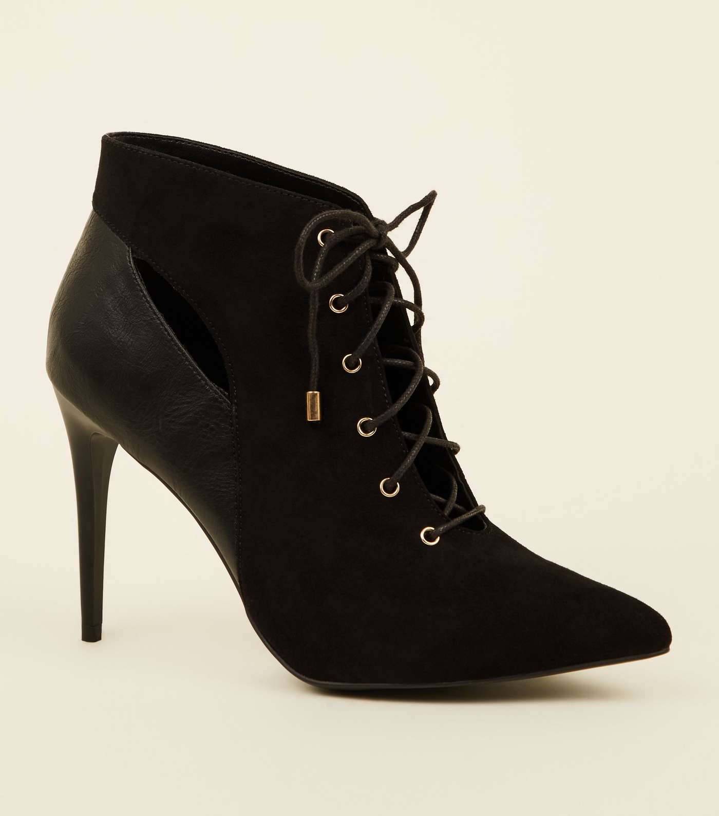 Black Lace-Up Cut Out Pointed Ankle Boots