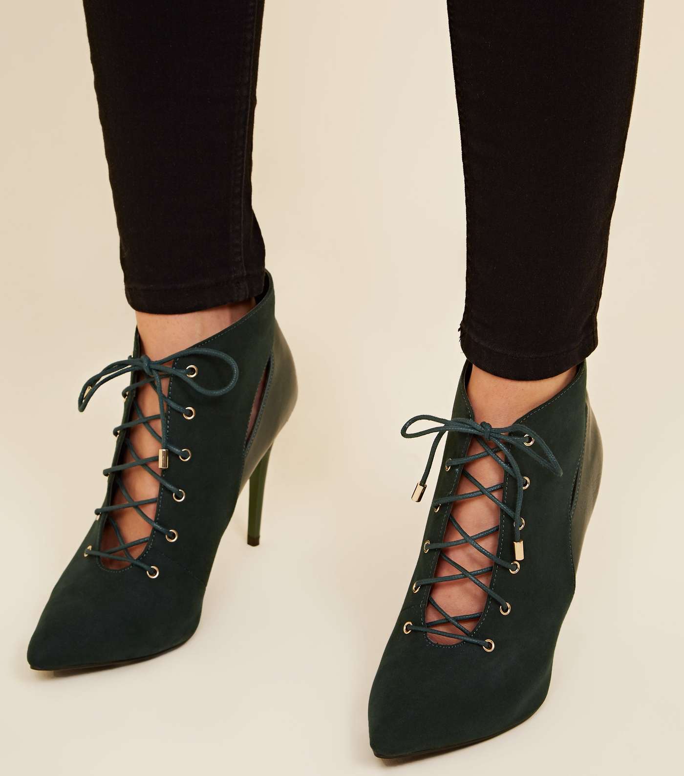 Dark Green Lace-Up Cut Out Pointed Ankle Boots Image 2