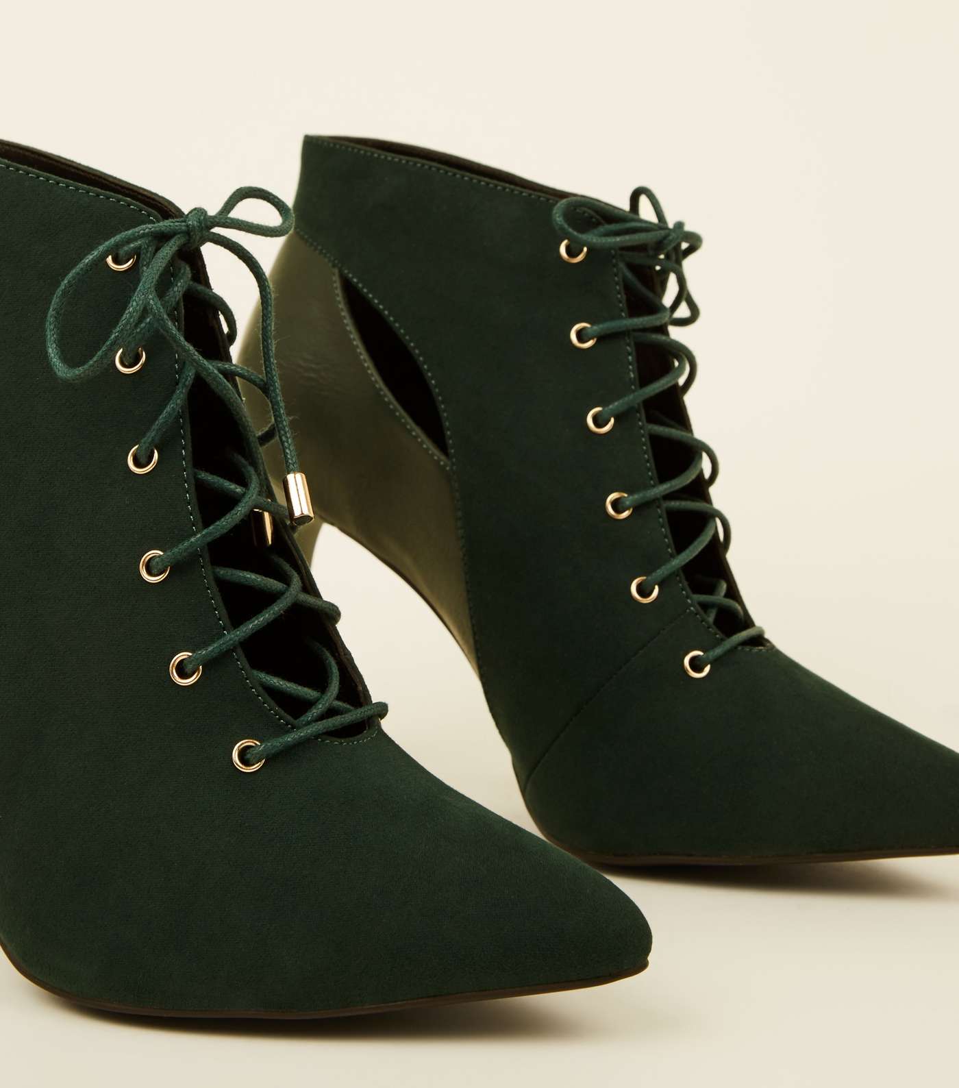 Dark Green Lace-Up Cut Out Pointed Ankle Boots Image 4