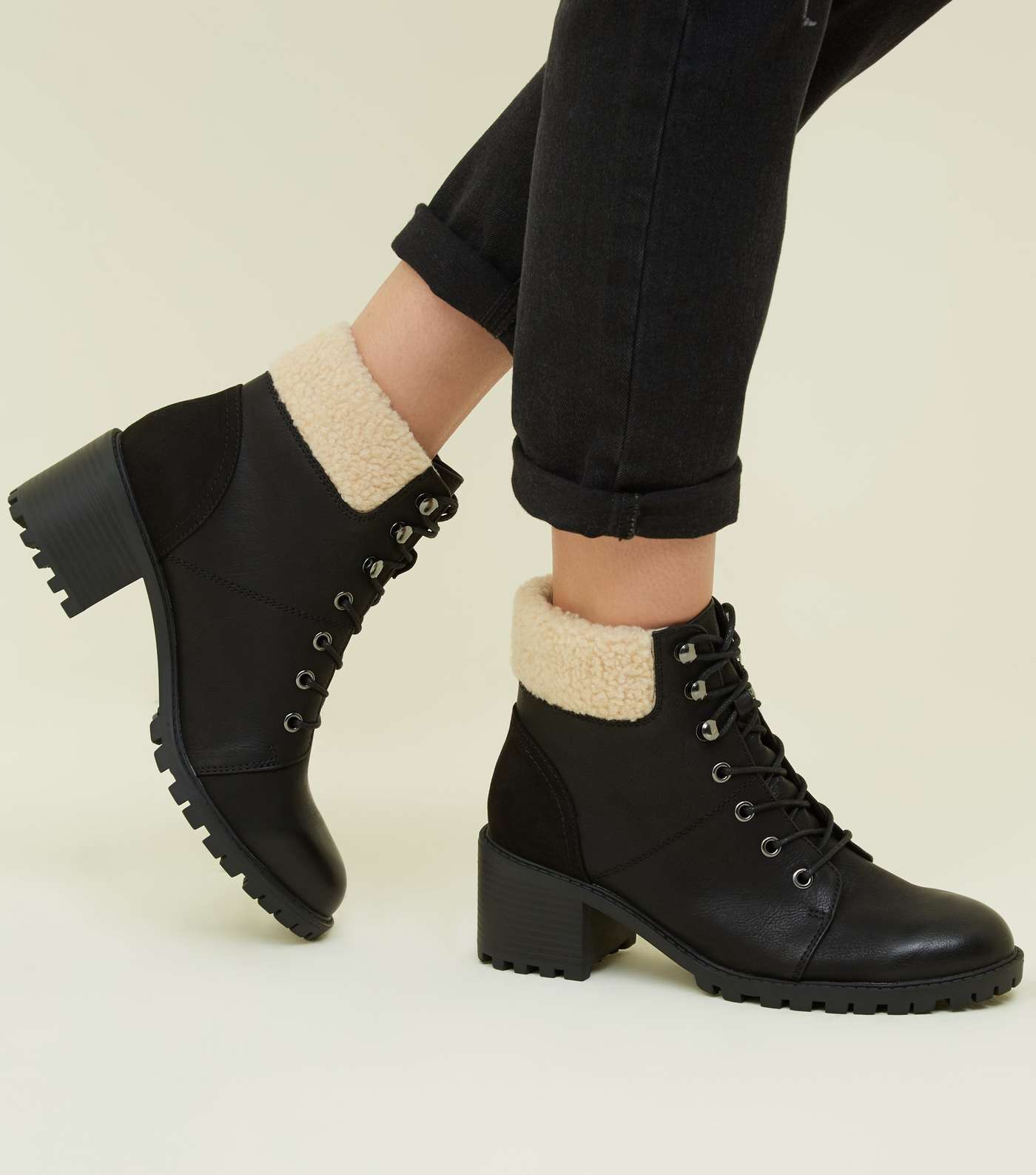Black Faux Shearling Cuff Hiker Boots Image 2
