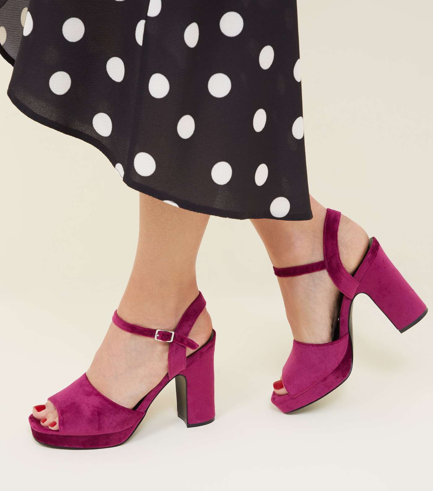 Bright Pink Velvet Square Toe Platform Heels Image 2