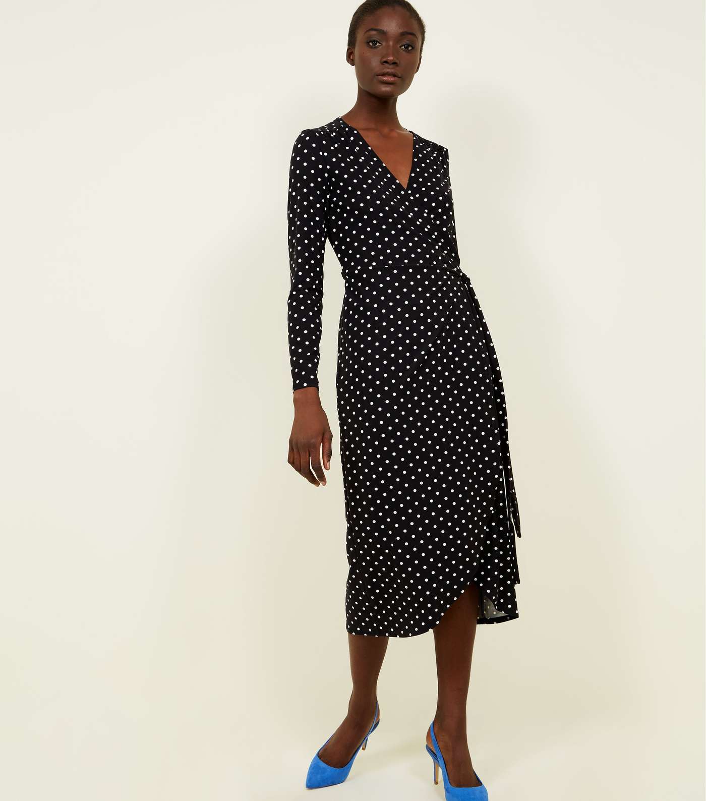 Black Polka Dot Soft Touch Midi Wrap Dress Image 2