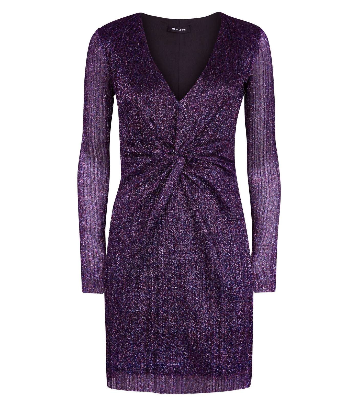 Purple Glitter Plissé Twist Front Mini Dress Image 4