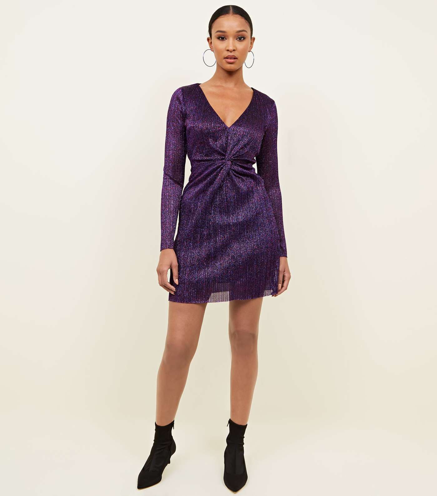 Purple Glitter Plissé Twist Front Mini Dress Image 2