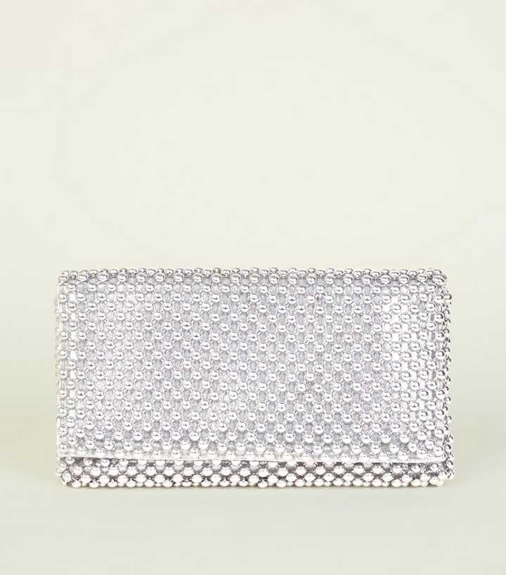 Silver Beaded Foldover Clutch Bag