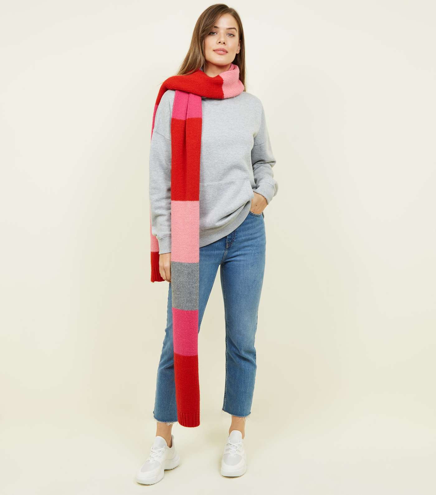 Pink and Red Colour Block Stripe Knit Scarf Image 2