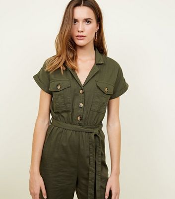 khaki denim utility jumpsuit