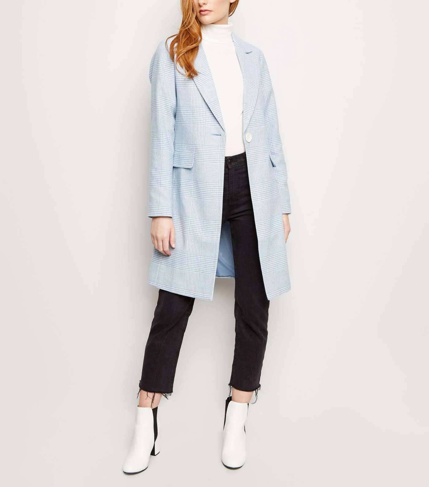 Pale Blue Houndstooth Check Print Longline Coat Image 2