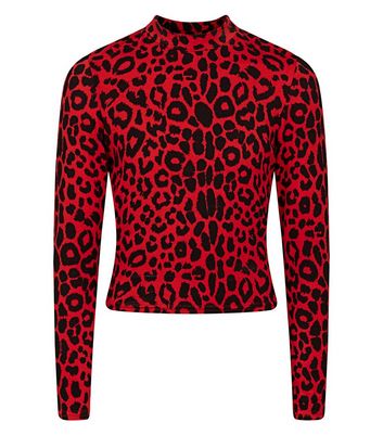 Red Long Sleeve High Neck Leopard Print 