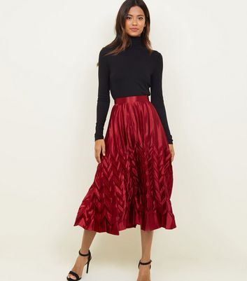 Cameo Rose Burgundy Pleated Satin Midi Skirt | New Look