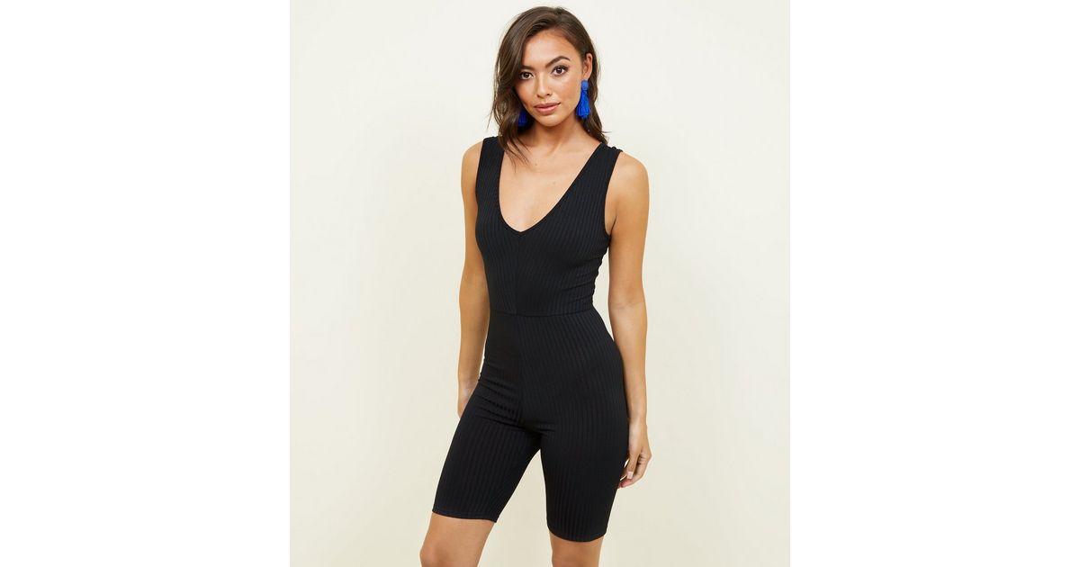 Black Ribbed Cycling Unitard Playsuit New Look