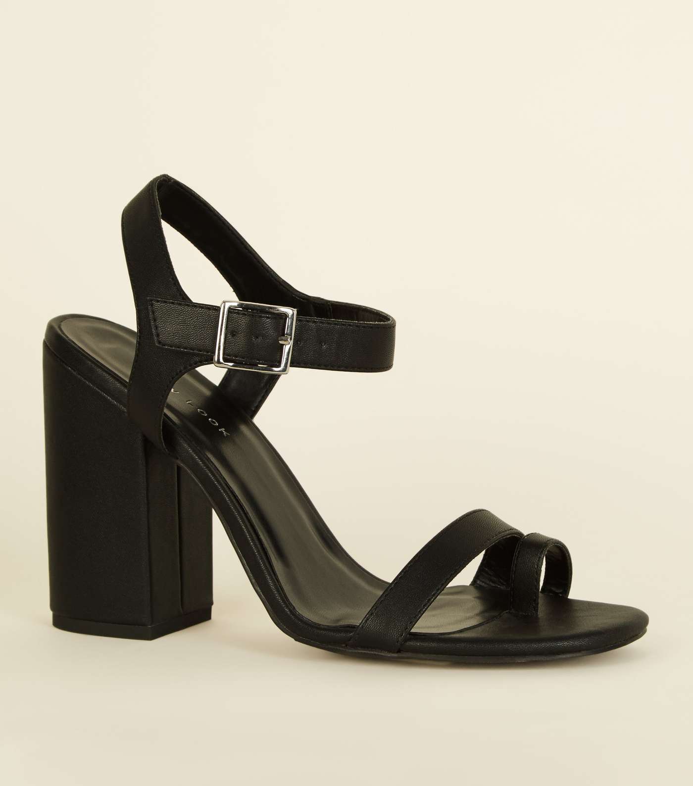 Black Leather-Look Toe Strap Heeled Sandals 