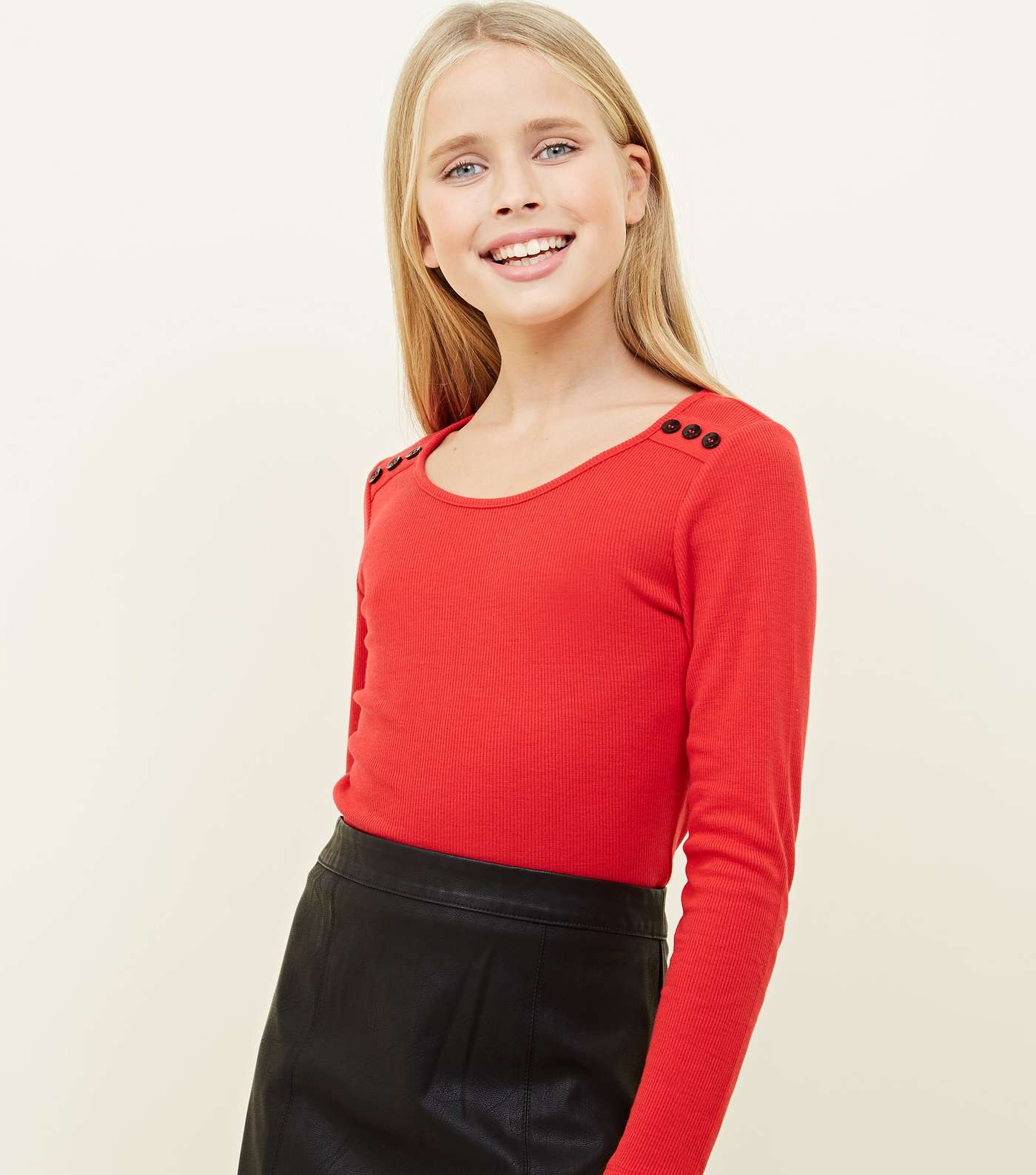 Girls Red Ribbed Button Shoulder Top 