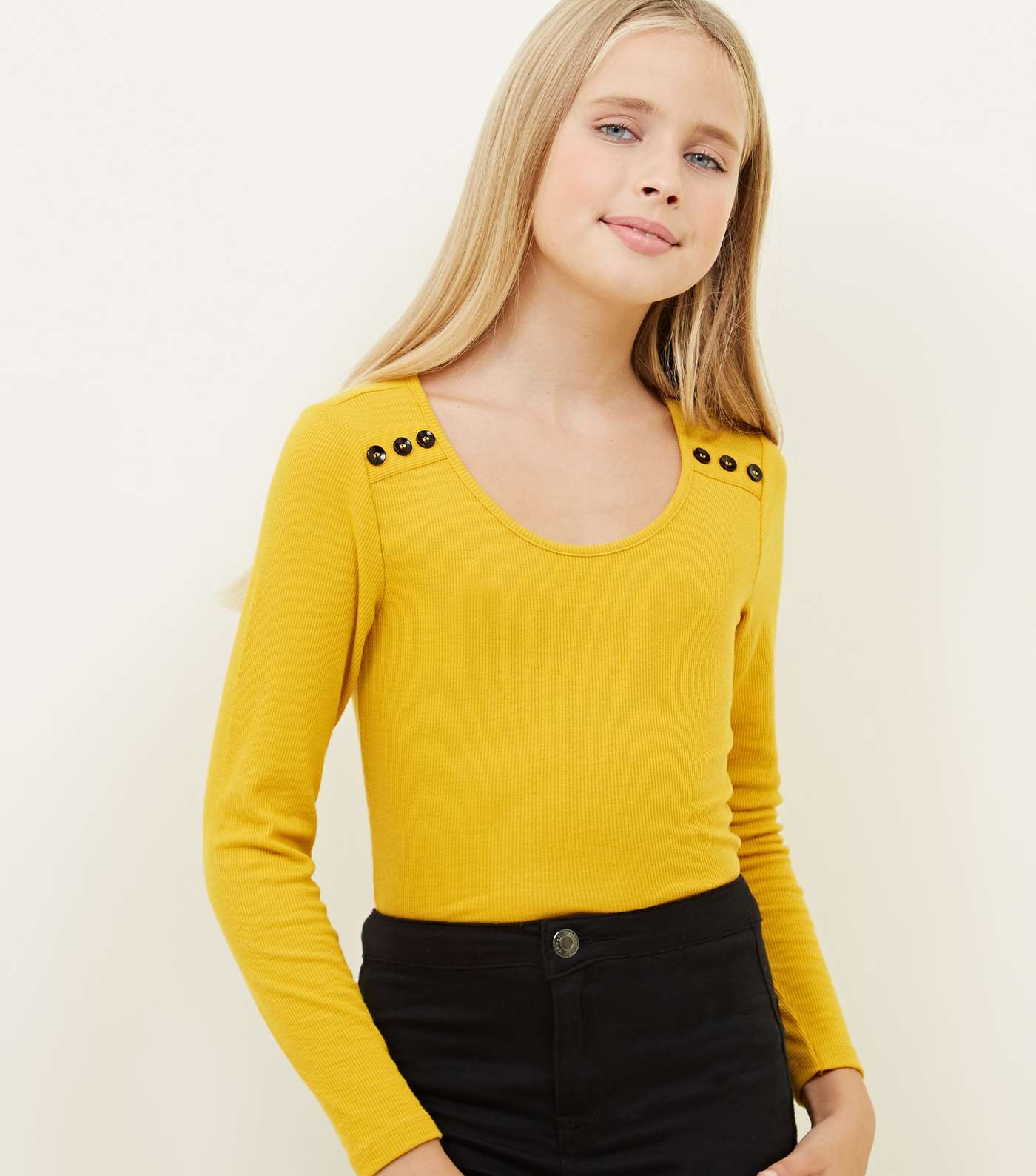 Girls Mustard Ribbed Button Shoulder Top 