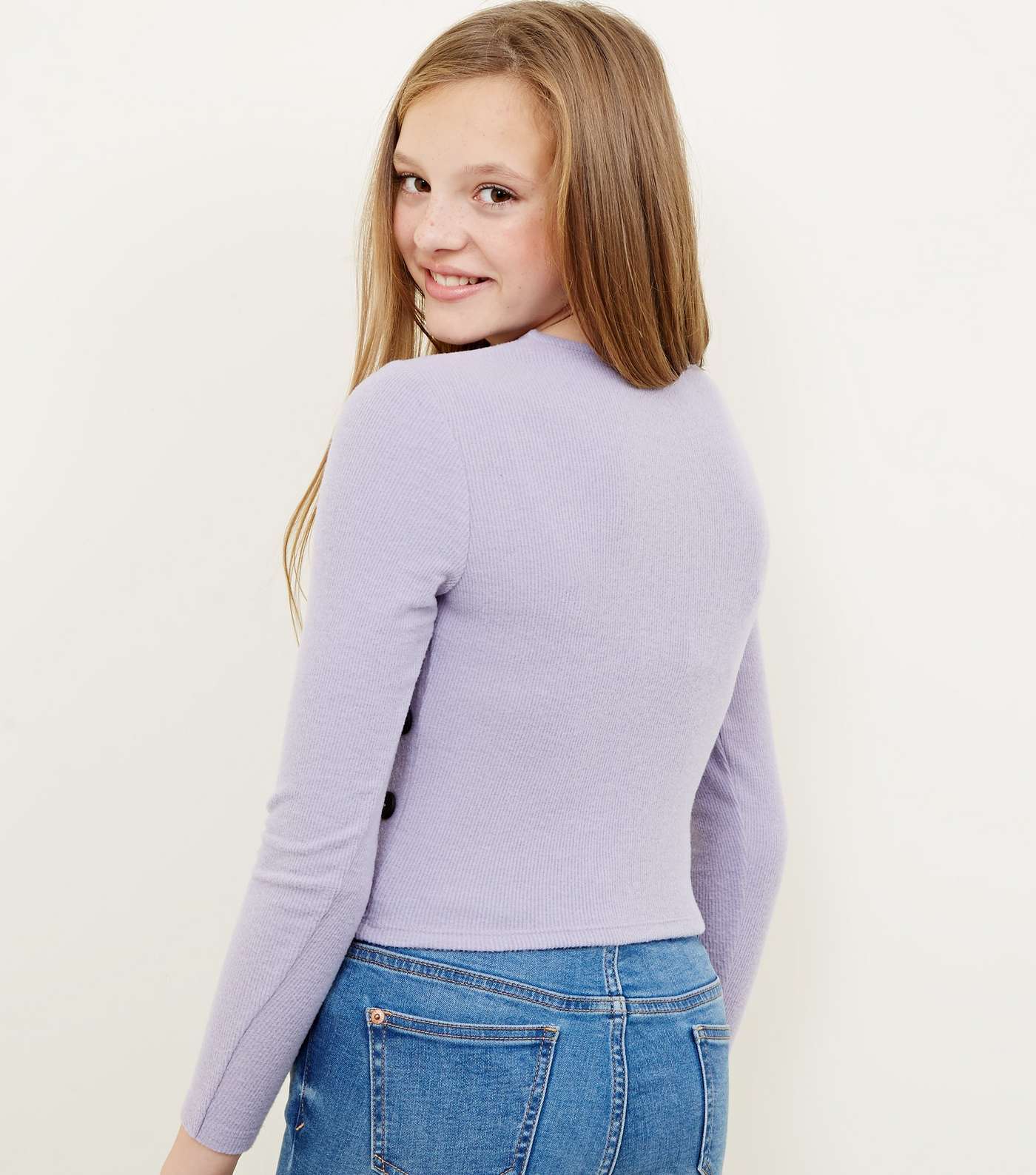 Girls Lilac Brushed Rib Button Side T-Shirt Image 3