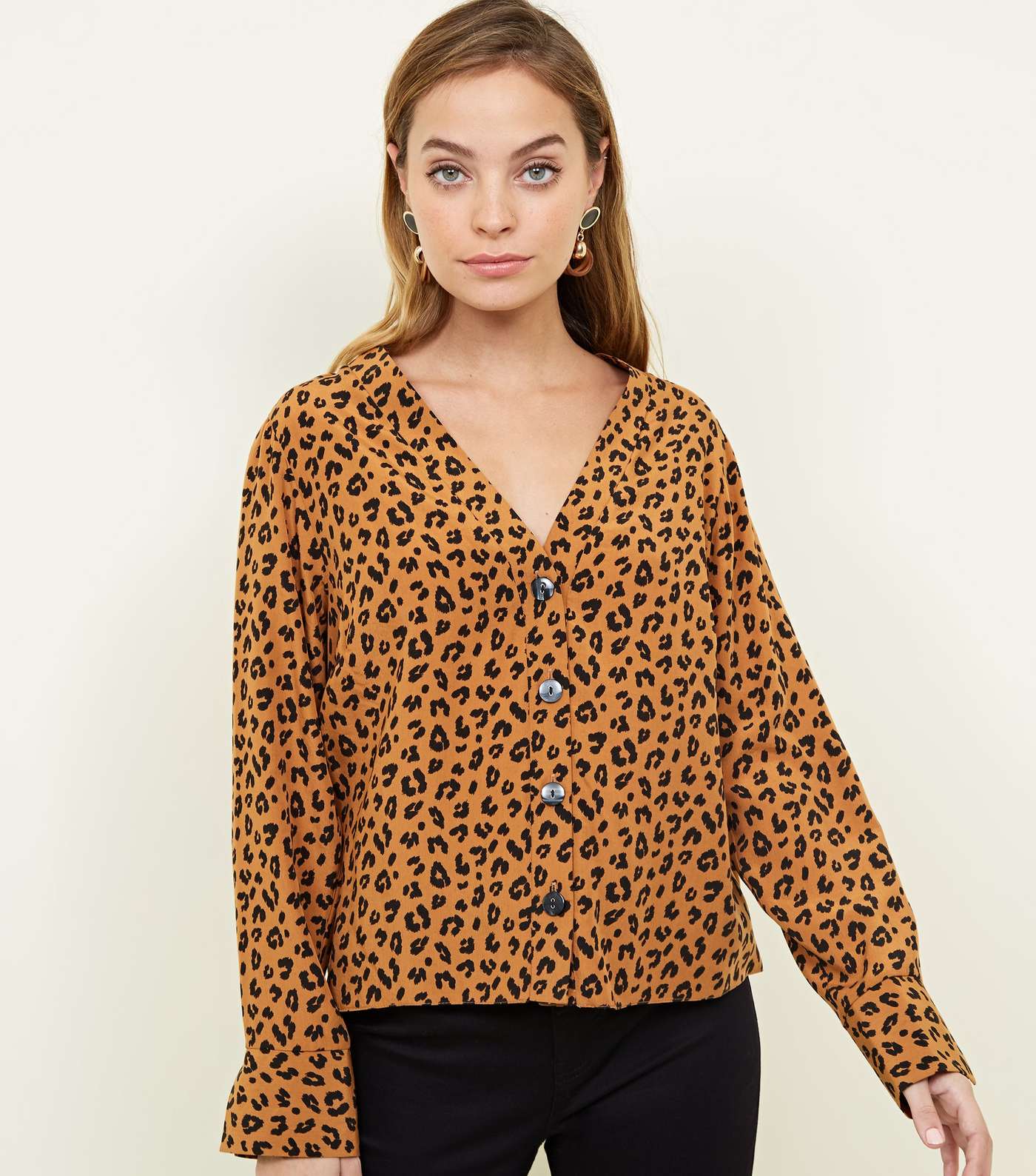 Petite Brown Leopard Print V Neck Shirt