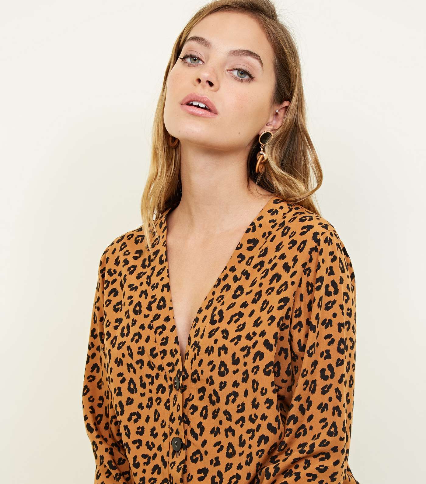 Petite Brown Leopard Print V Neck Shirt Image 3