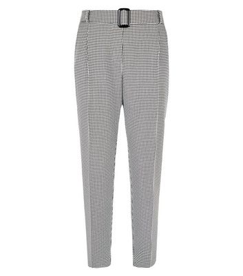 Black Houndstooth Check Belted Trousers 