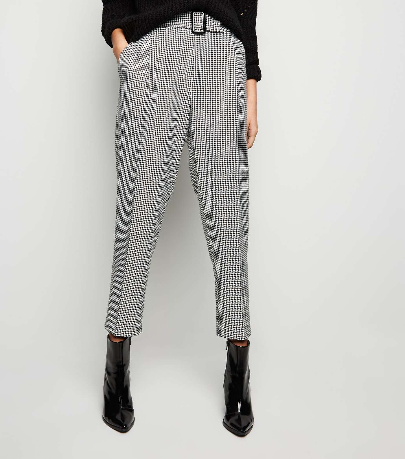 Black Houndstooth Check Belted Trousers Image 2